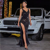 Halter Cut out Fishtail Dress Maxi Dress High Slit Backless Sequined Cocktail Evening Dress